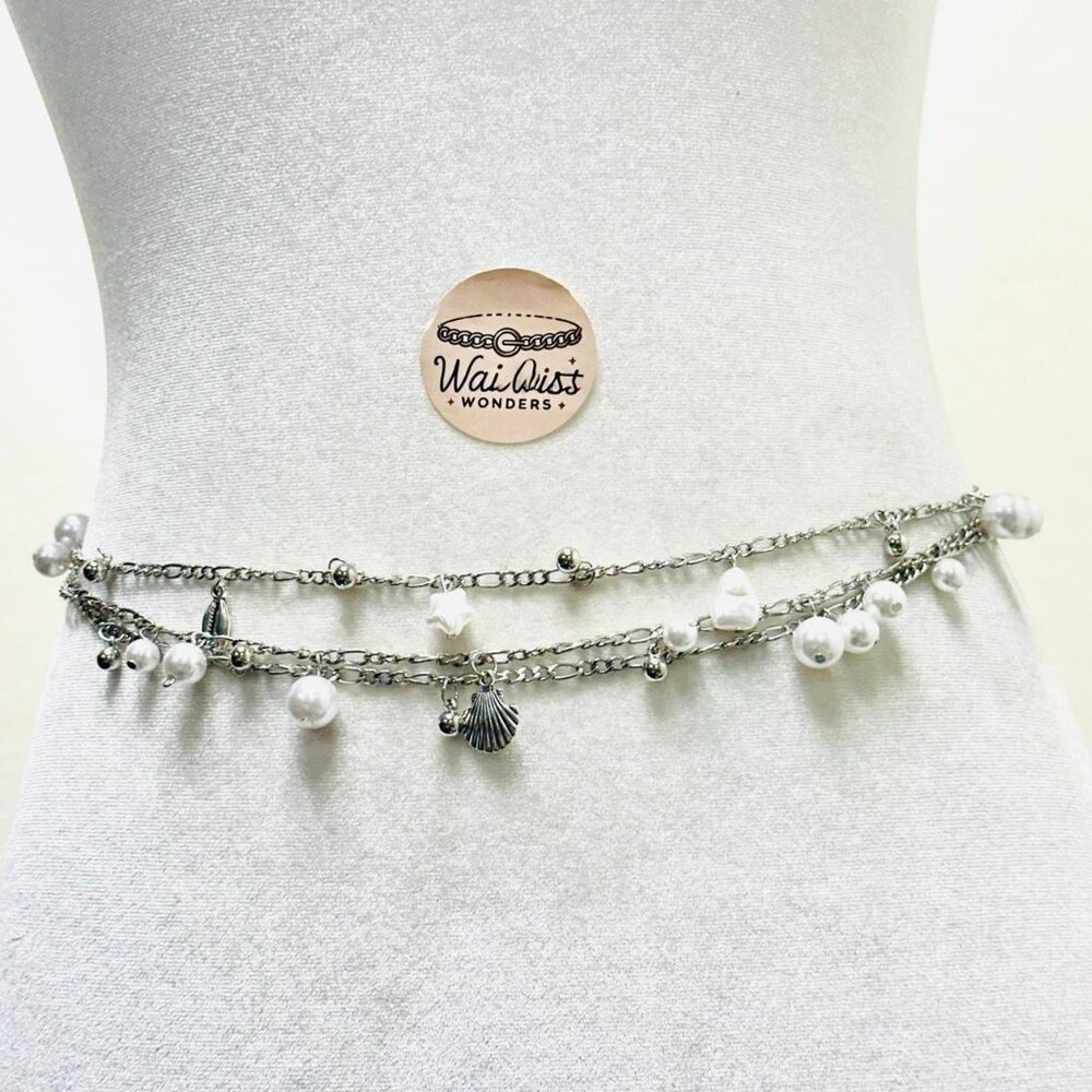 Silver pearl beaded waist chain belt with seashell charms and adjustable length